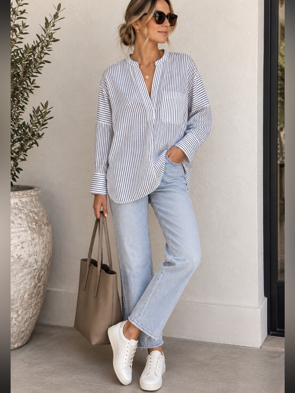 Vince Stripe Split Neck Blouse Medium Coastal Blue White Relaxed Quiet Luxury